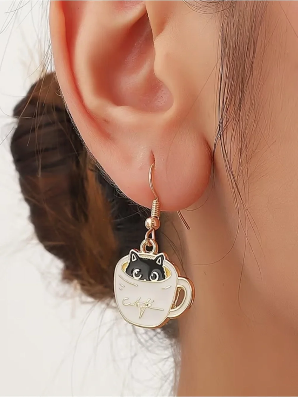Cute Black Cat in White Cup Dangle Earrings - Charming Pet-Themed Jewelry